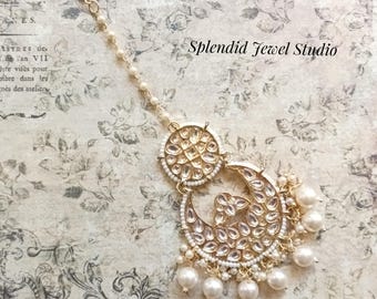 Elegant Pearl Kundan Maang Tikka, Indian Wedding Forehead Jewelry, Antique tone