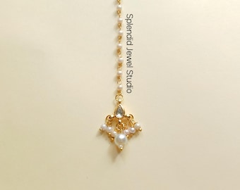 Delicate Pearl Kundan Maang Tikka, Indian Wedding Forehead Jewelry