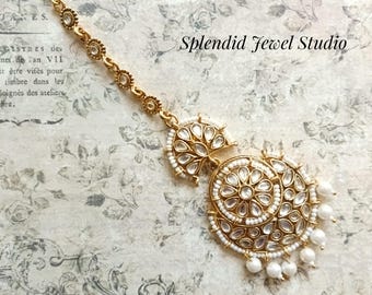 Elegant Pearl Kundan Maang Tikka, Indian Wedding Forehead Jewelry, Antique tone