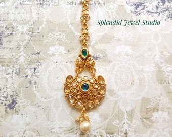 Elegant Pearl Kundan Maang Tikka, Indian Wedding Forehead Jewelry