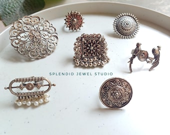 Oxidized German Silver Statement Rings, Indian Navratri Jewelry, Desi Style Finger Rings