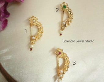 Maharashtrian Nath Non-Piercing Golden Nose Ring, Indian Bridal Jewelry Clip