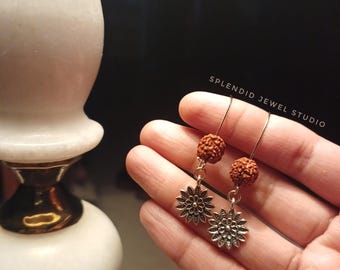 Rudraksha Earrings, Floral Charm, Yoga Jewelry