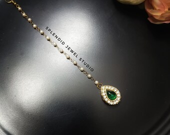 Handcrafted Elegant Green Mangtika Headpiece, Dainty Mangtika, Green maang tikka, maangtika, green maangtikka