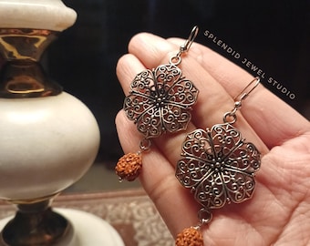 Floral Rudraksha Earrings, Hindu Yoga Jewelry