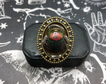 May include: A bronze ring with a green and red beetle encased in resin. The beetle has a shiny, iridescent finish. The ring is set in a circular frame with a beaded edge.