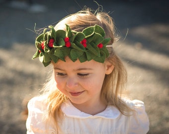Felt Flower Crown - Christmas Photo Prop - Girls Christmas Flower Crown - Christmas Headband - Holly Crown - Felt Wreath Headband