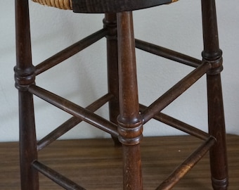 Brutalist wooden stool  vintage stool with rope seat 50/60s  stool