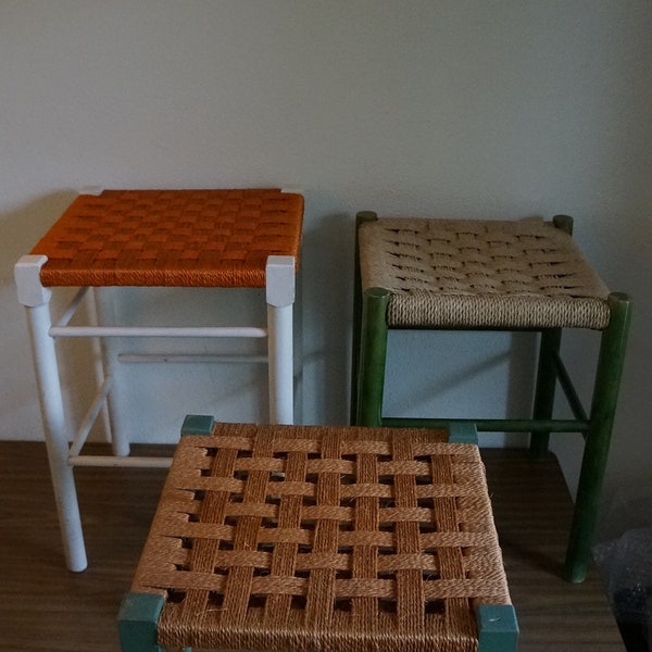 Retro vintage mid century 1970s wooden Danish stools ottoman ottomantabouret with rope seat.