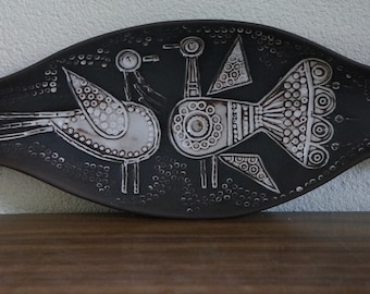 Lisbeth Bartosova Keramia Znaim, ceramic retro vintage  pottery brown ceramic 70s scale with birds.