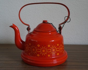 Caffettiera teiera rossa vintage con disegno astratto Finel Arabia Finlandia