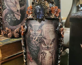 Vintage Gothic Owl Altered Bottle Art