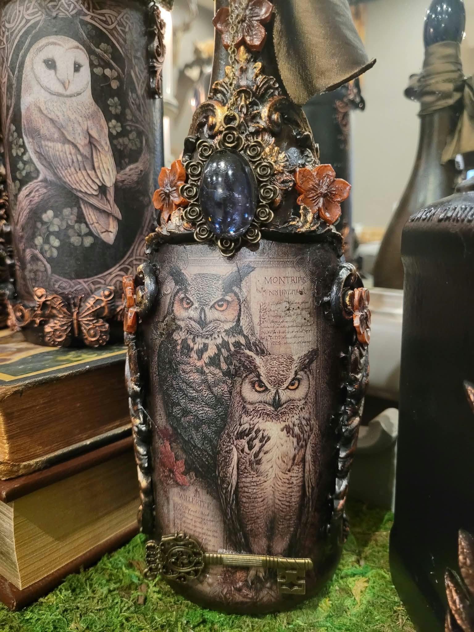 Vintage Gothic Owl Altered Bottle Art