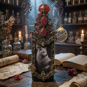 May include: A rectangular bottle featuring a central image of a white fox, encased in an ornate antique gold metal frame with red cabochon accents. The bottle is topped with a faceted red gem and decorated with gold leaf and crescent moon charms.