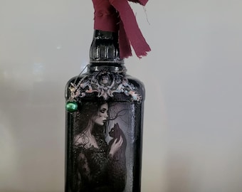 Vintage Gothic Woman and Black Cat Bottle Art