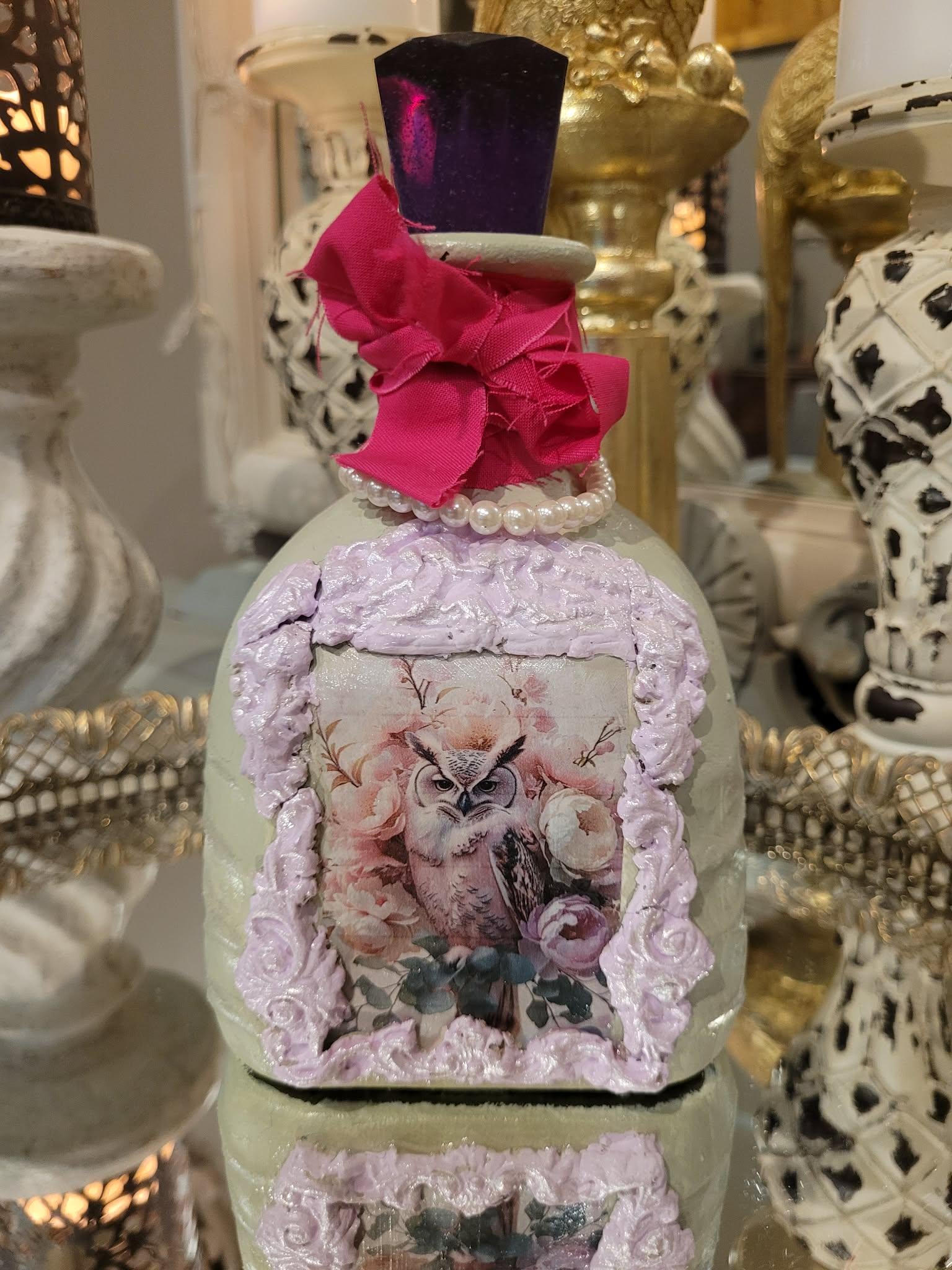 Vintage Shabby Chic Owl bottle art in soft pastels