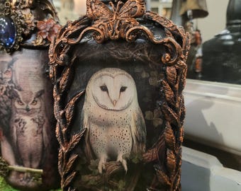 Vintage Gothic Owl Altered Bottle Art