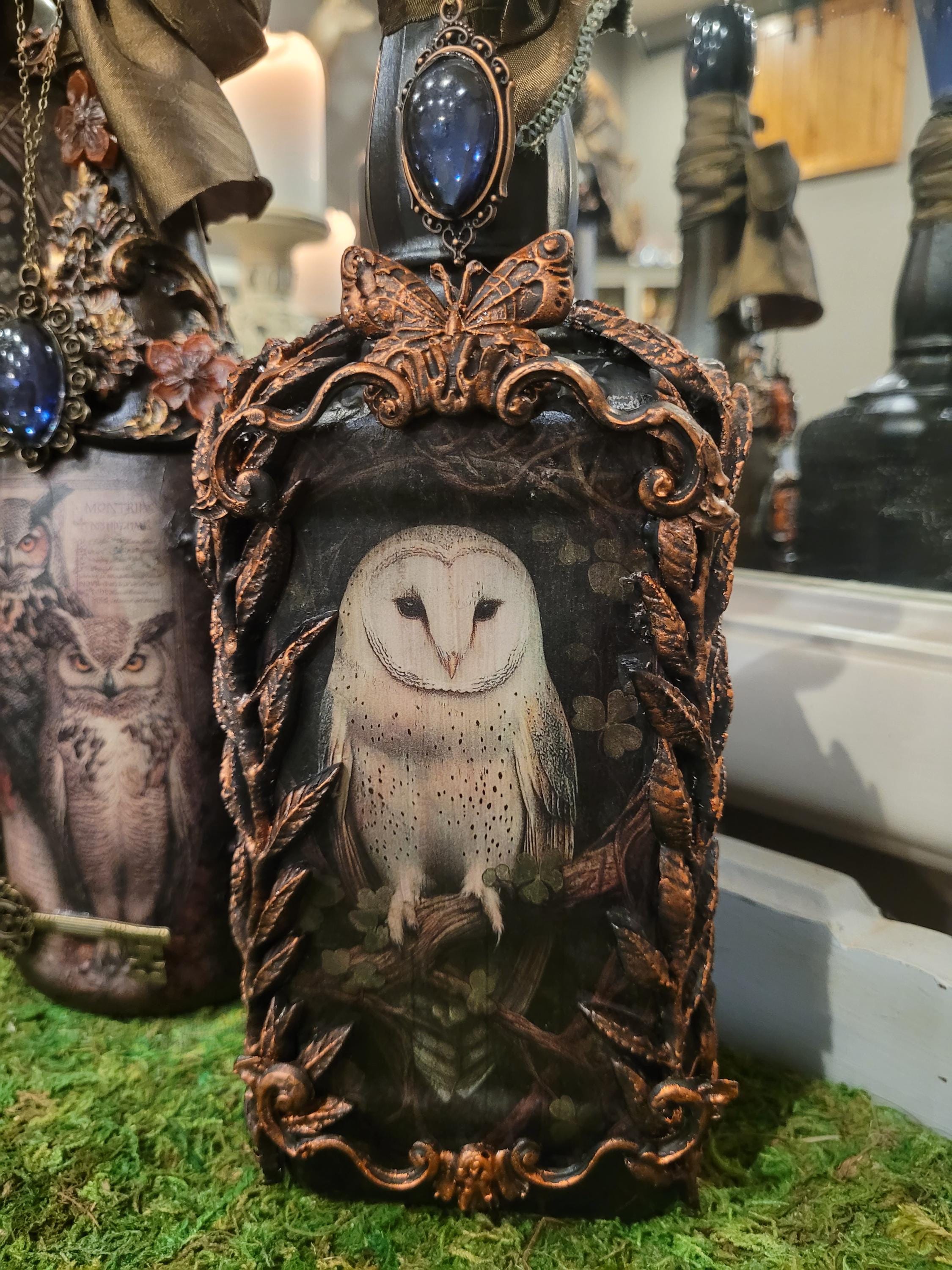 Vintage Gothic Owl Altered Bottle Art