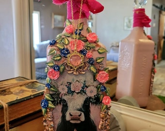 Vintage Highland Cow Altered Bottle Art