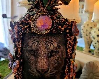 Vintage Bengal Tiger Altered Bottle Art
