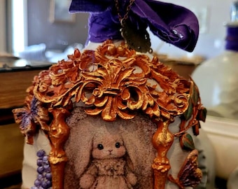 Vintage Altered Bottle Art: Whimsical Rabbit, Spring Decor, Ornate Frame