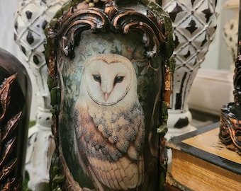 Vintage Gothic Owl Altered Bottle Art