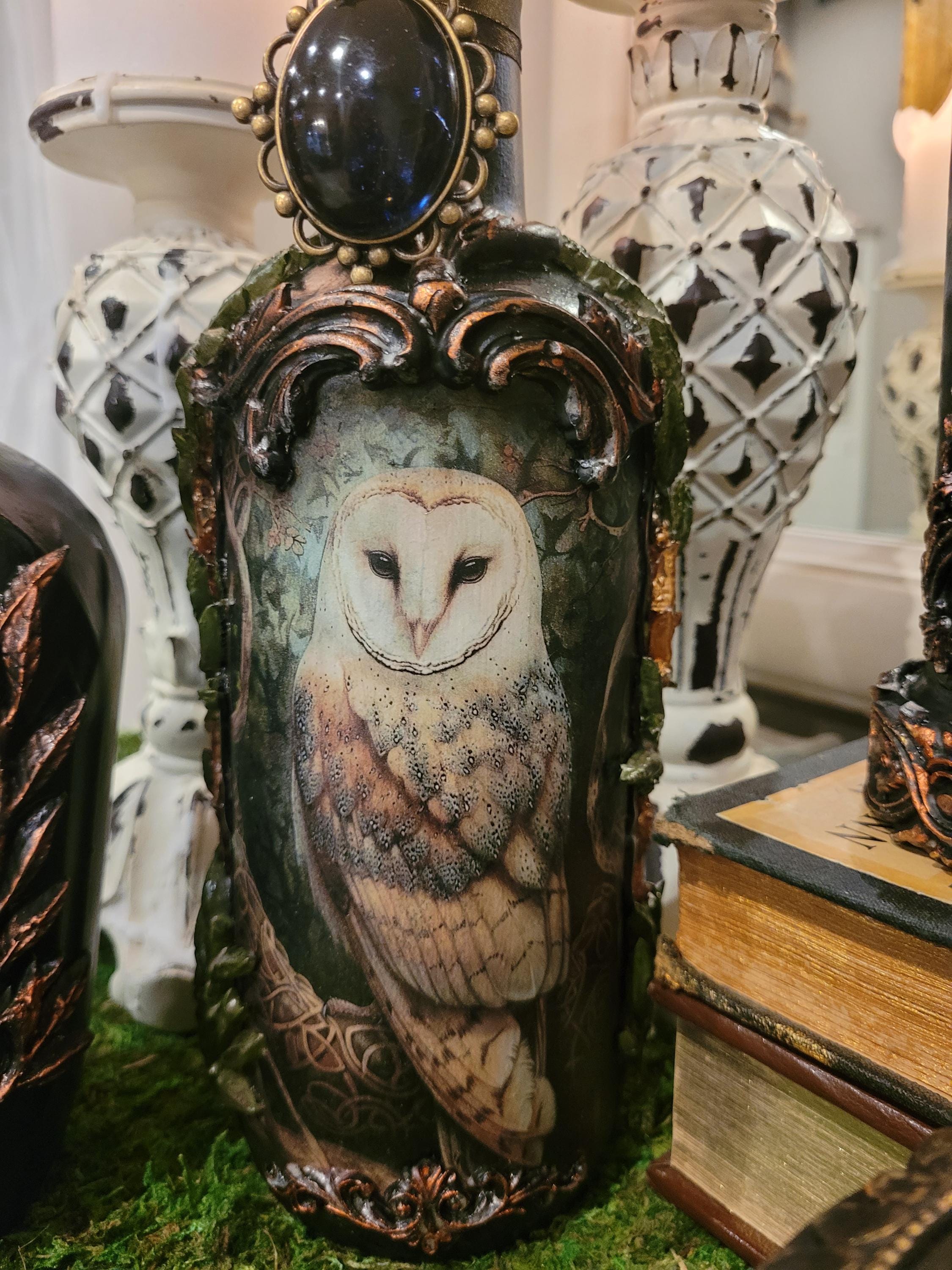Vintage Gothic Owl Altered Bottle Art