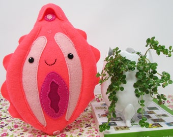 Neon Pink Vulva Plushy - *hand sewn* handmade yoni pillow, felt vagina plus...