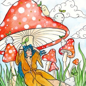 May include: A woman with blue hair sits in a field of green grass, relaxing under a large red and white mushroom.  She is wearing a yellow dress and has a relaxed expression.  There are several smaller mushrooms and small white creatures around her.