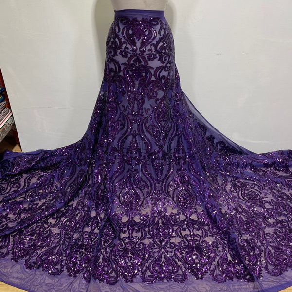 Stretch Purple Sequins Fabric/ Exclusive Design PURPLE Stretch Sequins on 4 Way Stretch Purple Mesh/ Sequins Fabric in Purple Color 2.5 Yds
