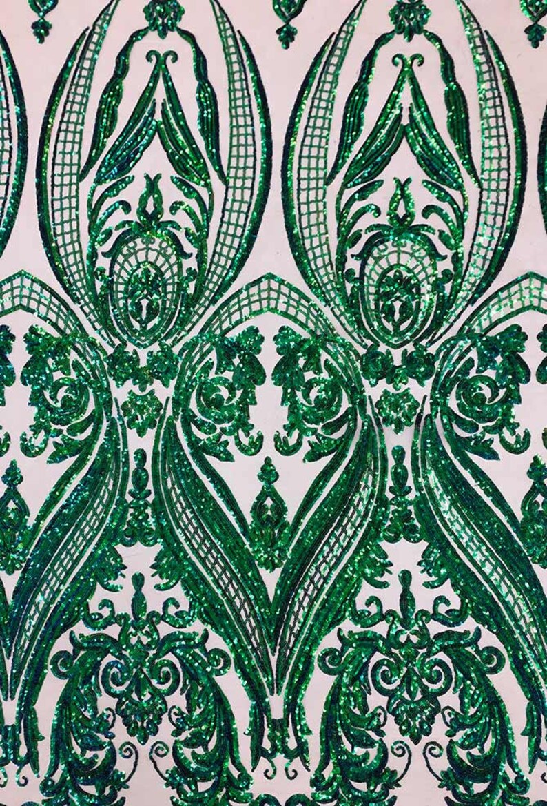 SM10 Nude Mesh /& GreenBlue Sequins Tulip Flower ; By the YARD Sequins on Stretch Mesh Fabric