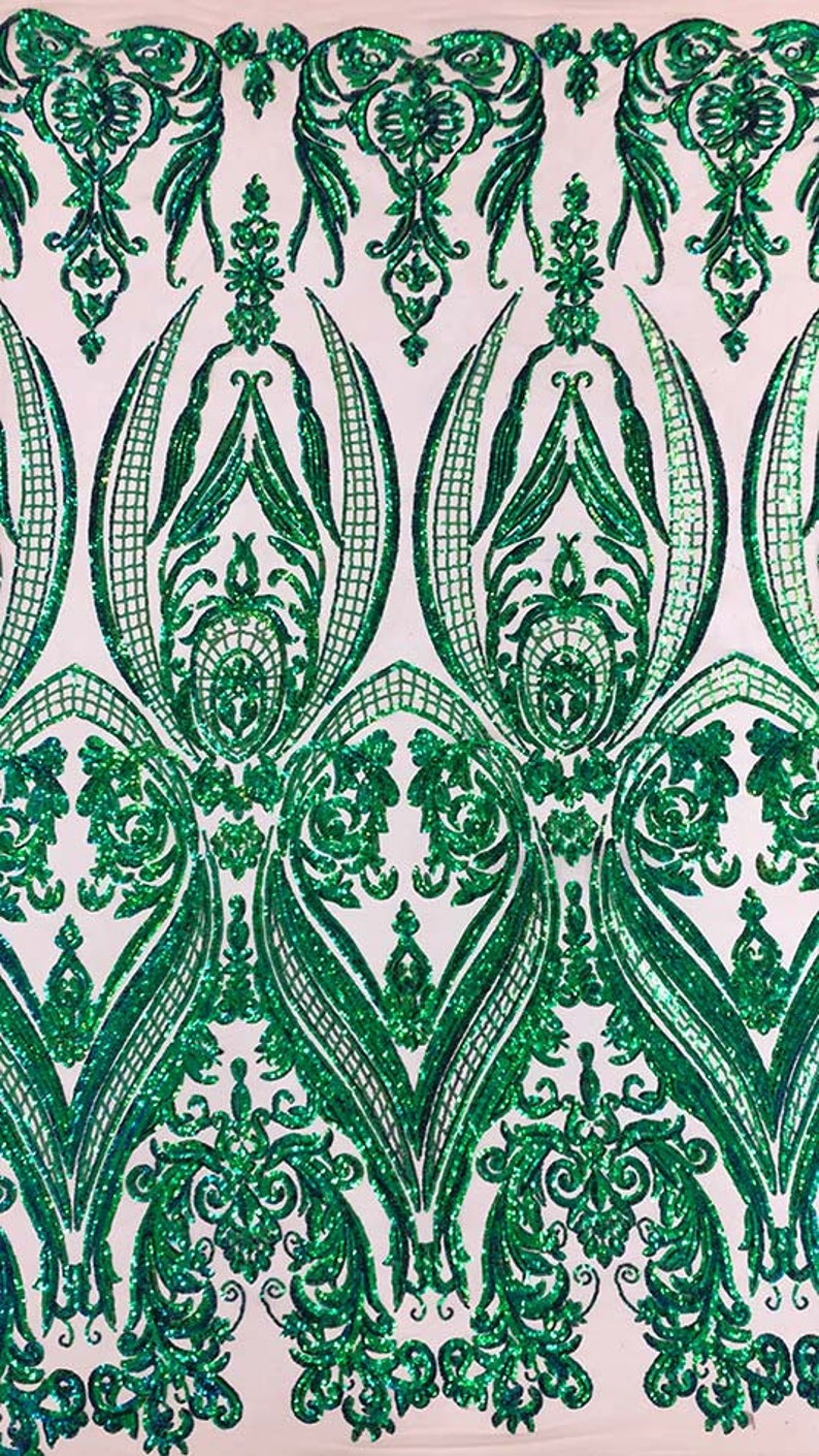 SM10 Nude Mesh /& GreenBlue Sequins Tulip Flower ; By the YARD Sequins on Stretch Mesh Fabric