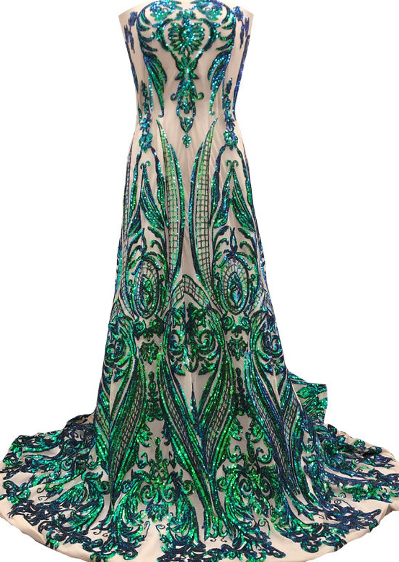 SM10 Nude Mesh /& GreenBlue Sequins Tulip Flower ; By the YARD Sequins on Stretch Mesh Fabric