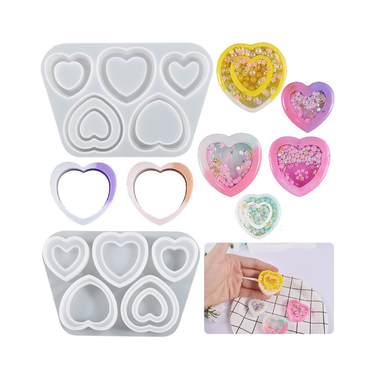 Xidmold 2pcs Resin Shaker Molds with 5 Seal Films, Quicksand Heart Shape &  Japanese Wind Chime Shape Casting Epoxy Resin Molds, Shaker Silicone Mold