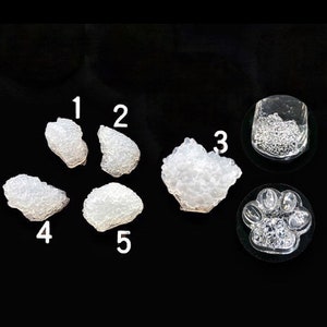 May include: Five small white clusters of tiny beads, numbered 1 through 5, and two clear plastic molds, one shaped like a paw print and the other a rounded shape.