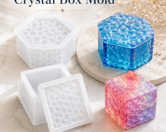2PCS Druzy Crystal Box Mold with Lid - Hexagon, Square Jewelry Box, Stackable Storage Silicone Resin Molds, Box Resin Molds, Casting Molds