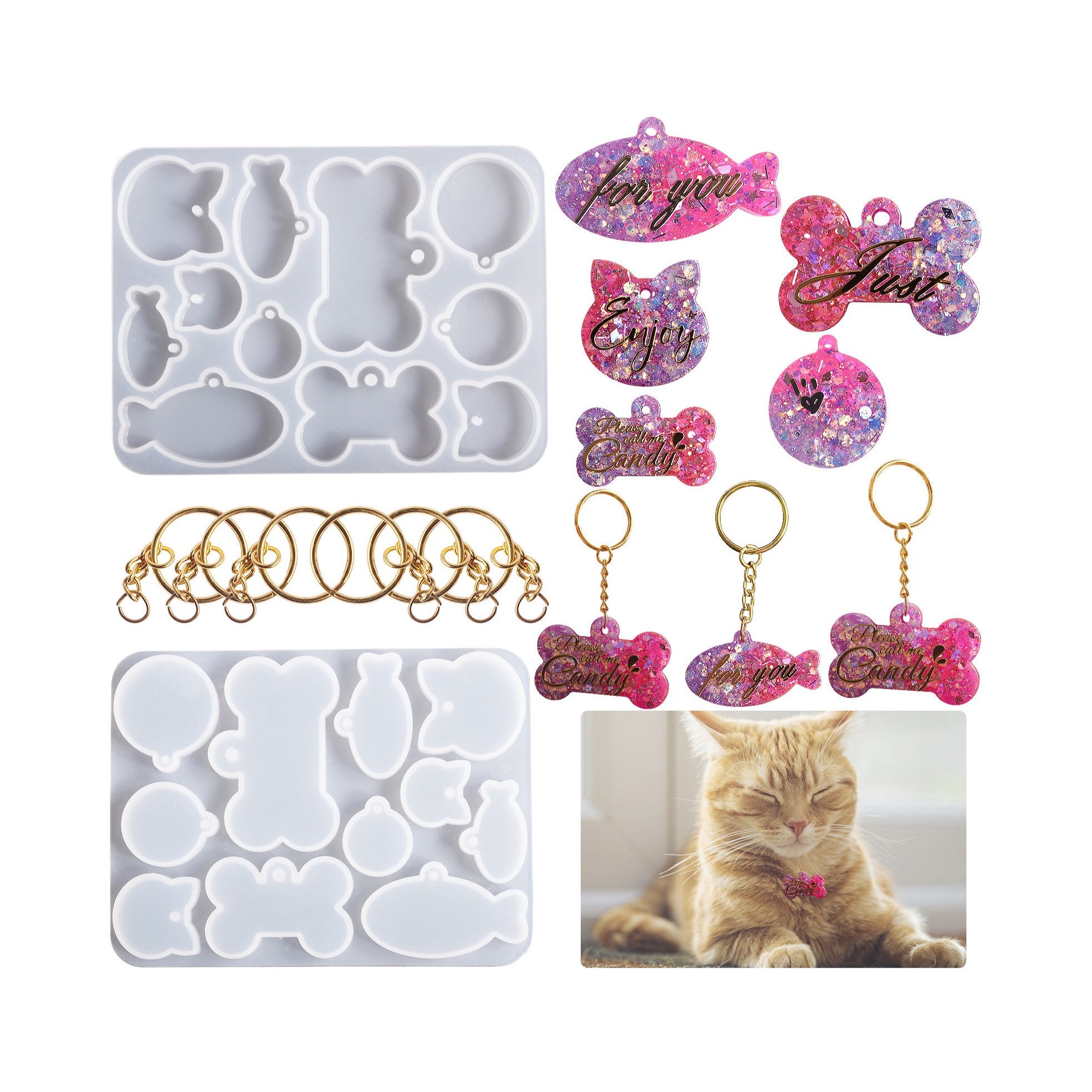 Pet Tag Resin Molds Silicone for Cat Dog | Epoxy Resin & UV Resin Bone  Shape Keychain Molds with 10Pcs Key Ring & 10Pcs Jump Ring, DIY Keychain