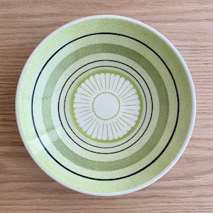以下が含まれることがあります： 同心円模様の緑と白のセラミックボウル。ボウルの中央は白で、緑の花の模様が描かれています。