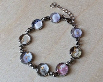 Bracelet six medallions stainless steel watercolor or ink multicolor glass cabochons adjustable Jewelry The art of embellishing BBE14