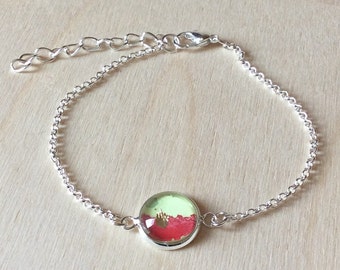 Bracelet chaîne et médaillon en acier inoxydable cabochon de verre paysage aquarelle feuilles d’or ajustable bijoux