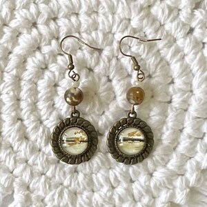 Bronze and brass earrings with watercolor and gold leaf semi-precious stones 12 mm glass cabochons jewelry BA264