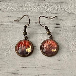 Bronze colored brass hook earrings with watercolor and ink gold leaf 12mm glass cabochons jewelry BA298b