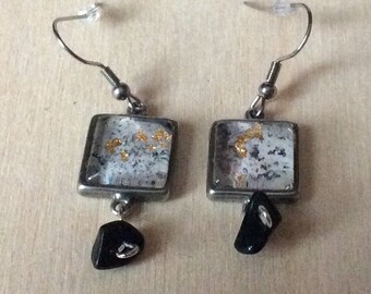 Earrings tinplate stainless steel watercolor square glass cabochon gold leaf jewelry stones The art of embellishing BA57