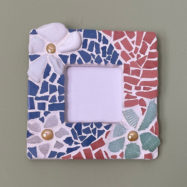 Cadre photo 20 cm X 20 cm Mosaïque original unique céramique verre de mer bleu orange, vert blanc fleurs décoL'art d'embellir