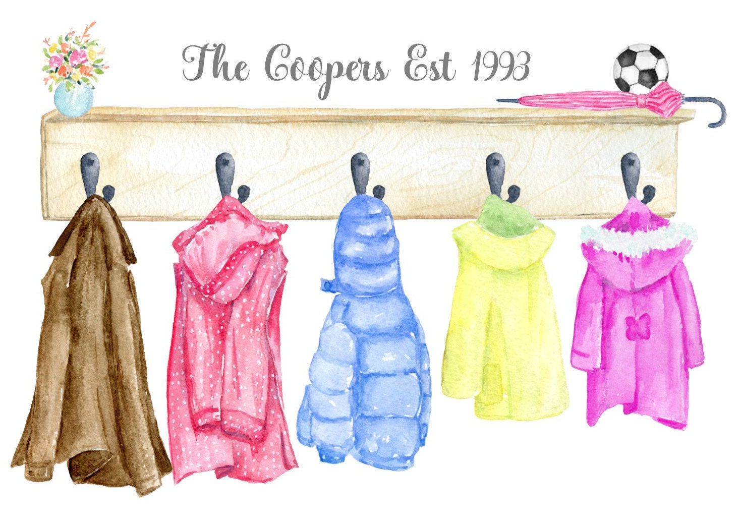 Personalised COATS Watercolour Family Print Coat Hook Hanger Etsy