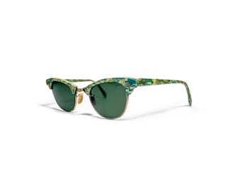 Vintage 1950s Victory Teal Confetti Cat Eye Sunglasses Gold Filled 42-20