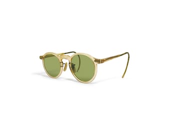 Vintage 1940s B&L Keyhole Round Safety Sunglasses Lime Green Lens Cable Temples
