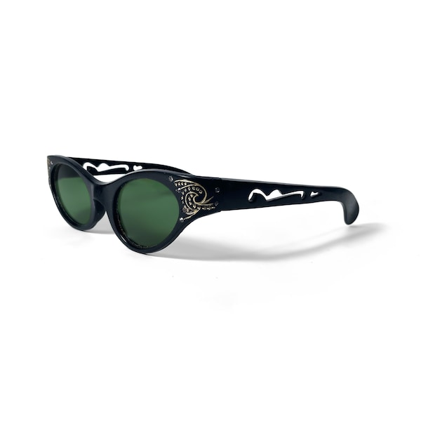 Vintage 1950’s Unbranded Black Ornate Cateye Jeweled Sunglasses