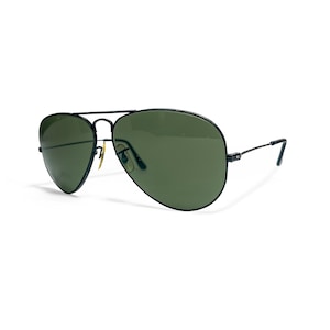 May include: Black aviator sunglasses with green lenses. The sunglasses have a classic teardrop shape and a thin black metal frame. The temples are also black and have a slight curve. The sunglasses are set against a white background.