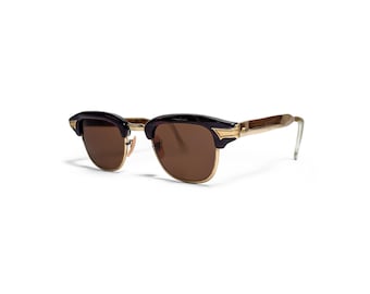 Vintage 1950s Victory Optical Clubmaster Sunglasses Brown Wood Eyebrow GF 44-22